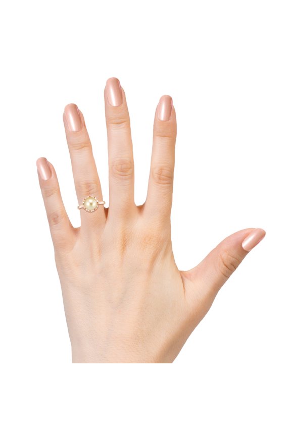 Floral Set Solitaire Engagement Ring Golden South Sea Pearl Women's Statement Ring in 925 Sterling Silver/ Rose Gold Plated June Birthstone Jewelry, 9MM Ring Size: 10