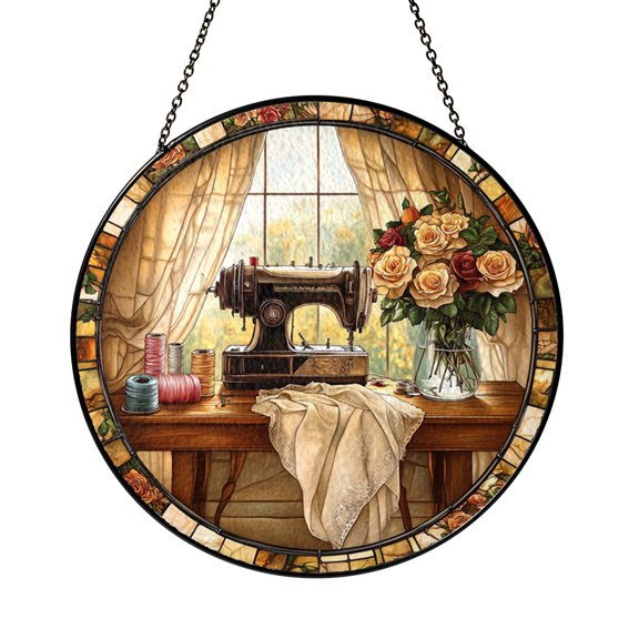 Floral Sewing Machine Stained Glass Style Suncatcher Window Decor Quilter Craft Home Accent