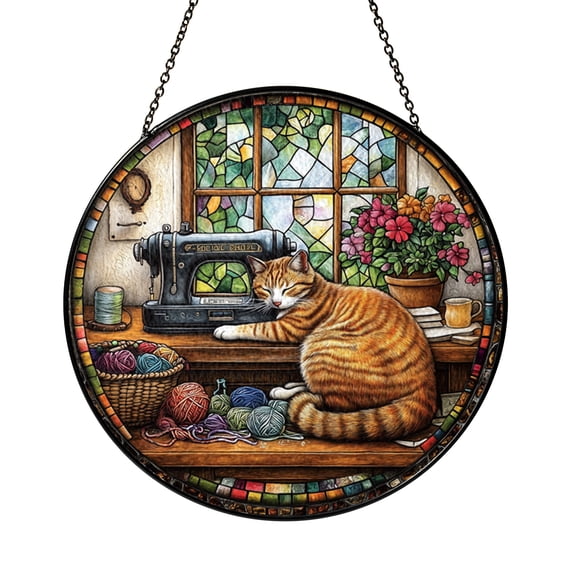 Floral Sewing Machine with Cat Glass Suncatcher Window Hanging Whimsical Craft Decor Thoughtful Gift for Sewing Lovers