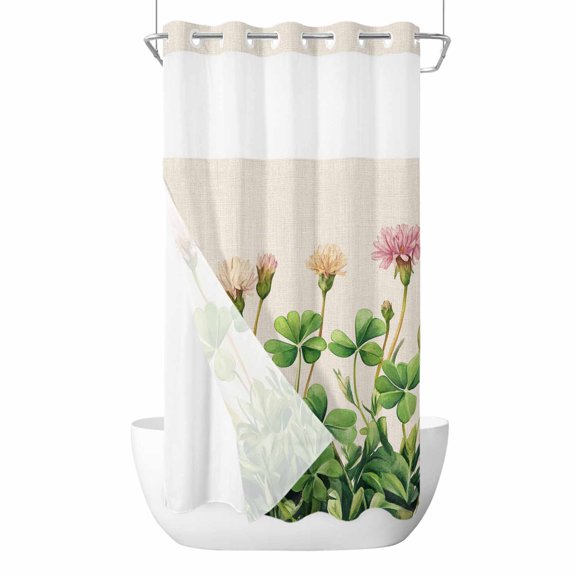 Floral Shamrock No Hooks Shower Curtain with Snap-in Liner Spring Flower Leaf Shower Curtains for Bathroom, Waterproof, Easy Install, Washable 36"x72"