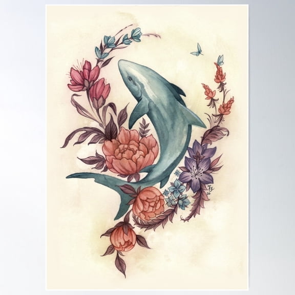 Floral Shark Poster Wall Art, Modern Wall Decor For Living Room Bedroom, 8x12 UNFRAMED