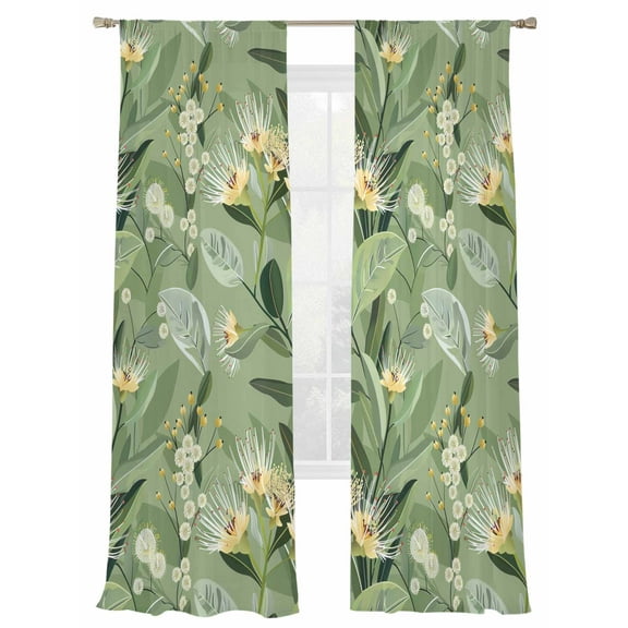 Floral Sheer Curtains 108 inches Long 2 Panels Set Sage Green Leaves Plants Branches Tiers Sheers Rod Pocket Small Window Short Curtains for Kitchen Cafe, Each 52" W x 108" L