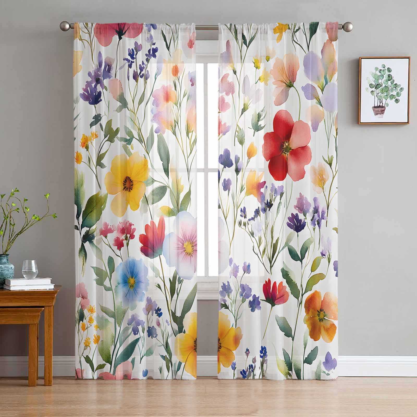 Floral Sheer Curtains 72 Inches Long 2 Panels Set, Window Sheer