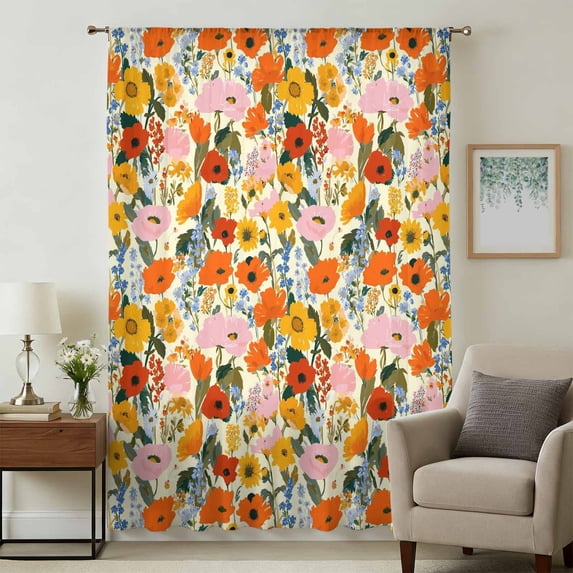 Floral Sheer Curtains 72 Inches Long, Spring Poppy Daisy Flowers Botanical Beige Light Filering Curtains, Breathable Simi Curtain Privacy Drapes for Living Room Bedroom Lightweight Window Treatment