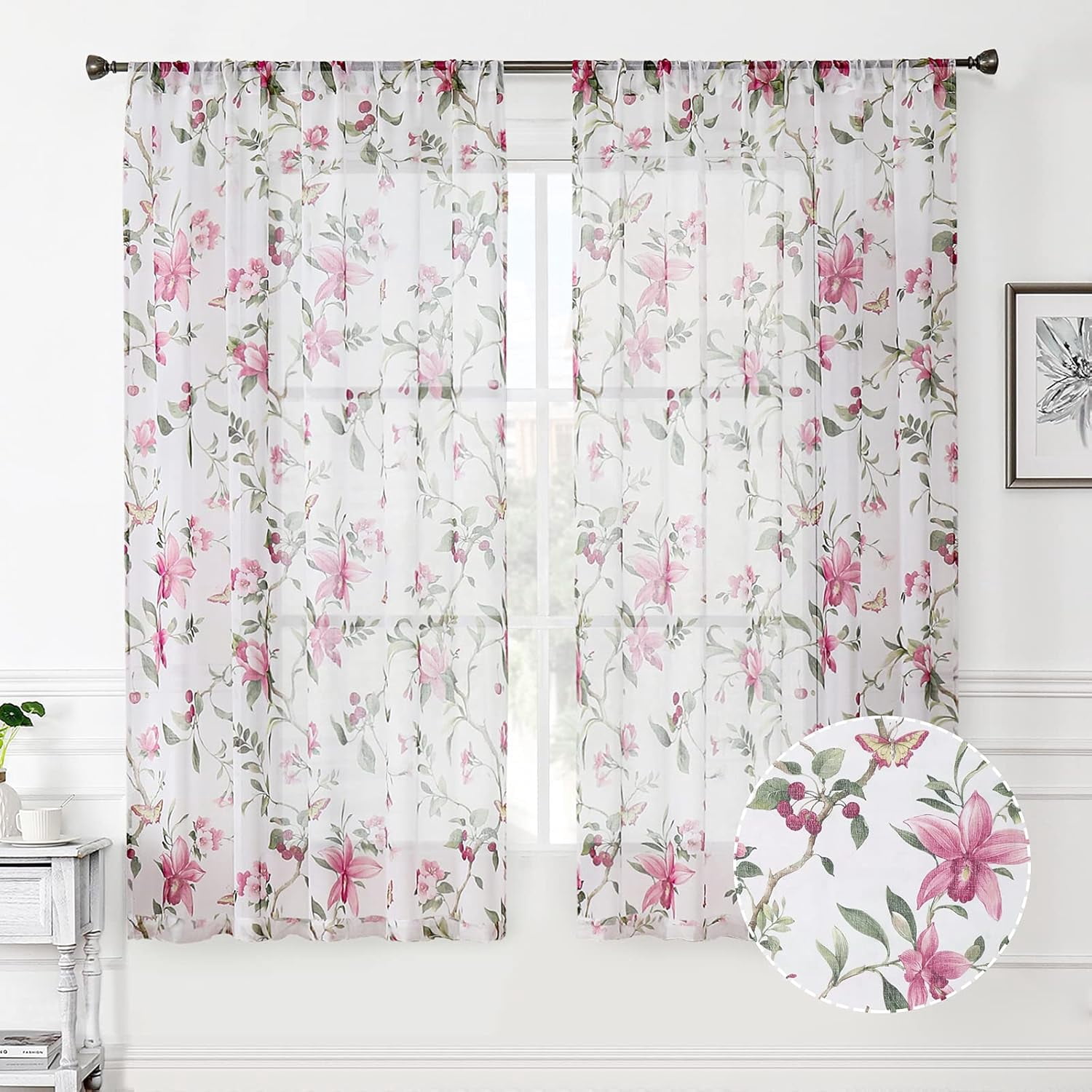 Floral Sheer Curtains Pink Cherry Flower Butterfly Print Living Room Curtain Rod Pocket Voile Linen Look White Sheer Curtains for Bedroom, 54 x 63 inches Long, Set of 2 Panels