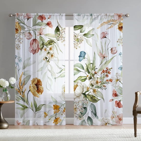 Floral Sheer Curtains for Living Room 63 inch Length 2 Panels Set Elegant Yellow Flower Spring Printed Window Curtain Chiffon Drapes for Bedroom