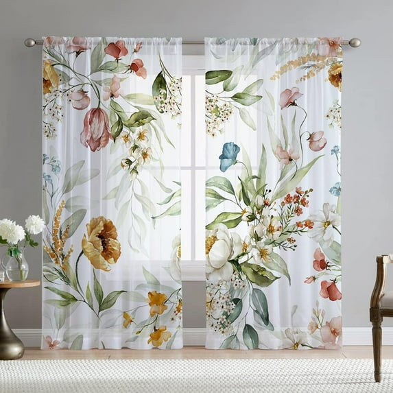Floral Sheer Curtains for Living Room 84 inch Length 2 Panels Set Elegant Yellow Flower Spring Printed Window Curtain Chiffon Drapes for Bedroom