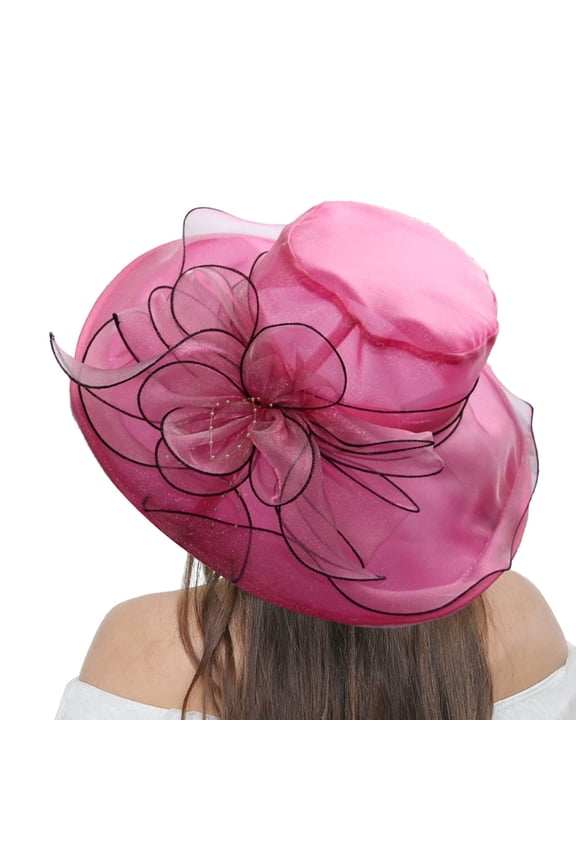 Floral Sheer Fabric Sun Hat | Foldable Wide Brim Hat for Resorts, Vacations & Summer Style Clearance, Hontri Women's Vintage Floral Mesh Sun Hat Beach Sun Hat , Hot Pink, One Size