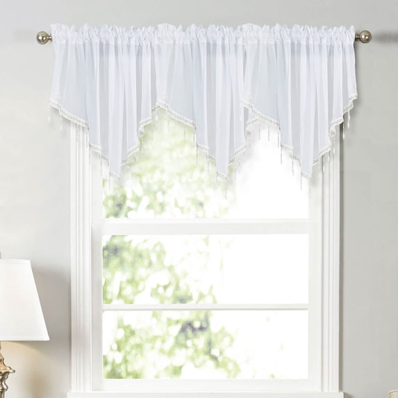 Floral Sheer Lace Window Curtain with Scalloped Edges, Attached Valance, Adjustable Rod Pocket Top, Easy Hanging Polyester Shade, 1 Panel