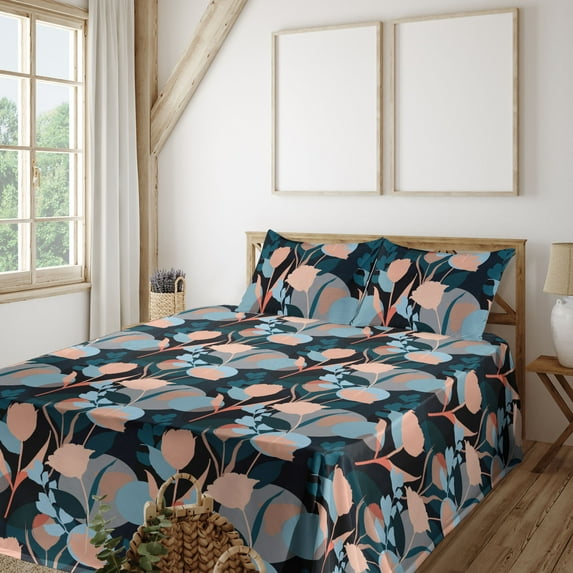 Ambesonne Floral Fitted & Flat Sheet with Shams 4 Pcs Set, Abstract Silhouettes Floral, Full, Salmon Sky Blue and Dark Teal
