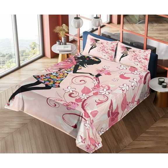 Ambesonne Blushy Fitted & Top Sheet Set with Shams, Character Silhouette Print, Multicolor