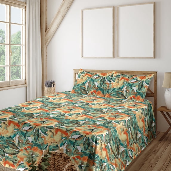 Ambesonne Floral Fitted & Flat Sheet with Sham 3 Pcs Set, Nature Passiflora Artwork, Twin, Teal Pale Yellow Orange