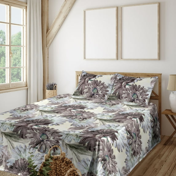 Ambesonne Floral Fitted & Flat Sheet with Shams 4 Pcs Set, Retro Gerbera Petals Leaves, Full, Taupe Lilac Ivory