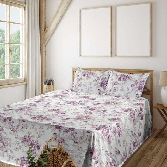 Ambesonne Floral Fitted & Flat Sheet with Shams 4 Pcs Set, Classical Vibe Jungle Flower, Calking, Plum Pale Almond Green
