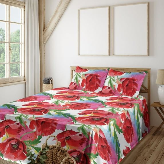 Ambesonne Floral Fitted & Flat Sheet with Shams 4 Pcs Set, Colorful Flower Garden Poppy, Queen, Vermilion Green Pink