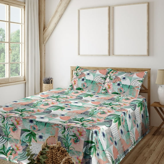 Ambesonne Floral Fitted & Flat Sheet with Shams 4 Pcs Set, Flowers Grunge Circles Art, Full, Pale Salmon and Forest Green