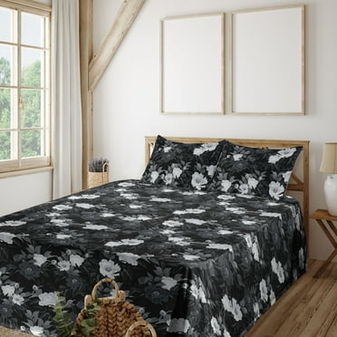 Floral Sheet Set, Dark-Tone Monochrome Repeating Flowers Leaves Pattern Abstract Ornament, Fitted & Flat Sheet with Pillowcase Bedding Accent 4 Pcs Set, King, Charcoal Grey and White, by Ambesonne