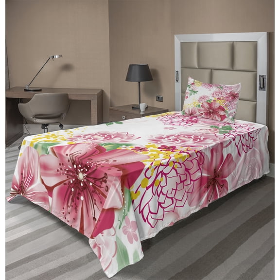 Ambesonne Floral Fitted & Top Sheet Set with Sham, Flowers and Dots, Pastel Pink Mustard