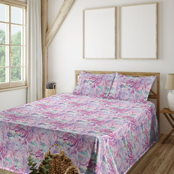 Ambesonne Floral Fitted & Flat Sheet with Shams 4 Pcs Set, Fantasy Art Garden Leaves, Full, Fuchsia Sea Green