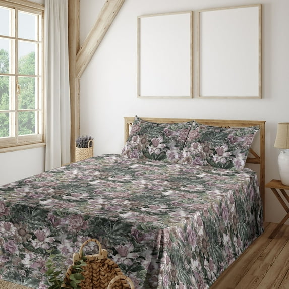 Ambesonne Floral Fitted & Flat Sheet with Shams 4 Pcs Set, Flourishing Wild Roses Print, King, Sage Green Grey Pink