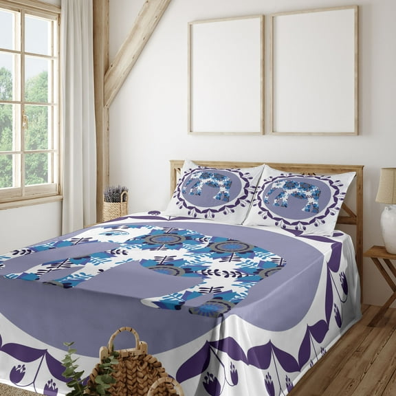 Ambesonne Floral Fitted & Top Sheet Set with Shams, with Tulips Pattern, White Lilac and Blue