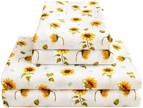 Floral Sheet Set Full, Sunflower Printed Bed Sheets Double, Brushed Microfiber Fitted Sheet with 15" Deep Pocket & Non-Slip Straps, Yellow Flower Pattern Sheet & Pillowcase Sets