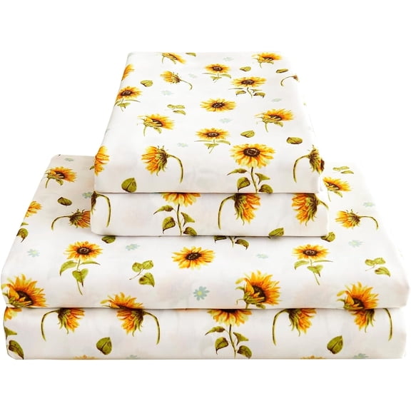 Viviland Sunflower Printed Full Bed Set, Cozy Brushed Microfiber 15" Deep Pocket Non-Slip Style