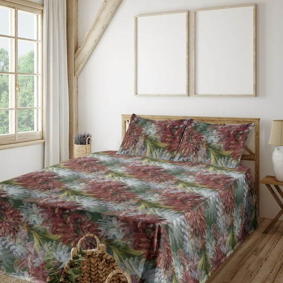 Ambesonne Floral Fitted & Flat Sheet with Sham 3 Pcs Set, Gerbera Shadowy Effect Art, Twin XL, Pale Maroon Olive Green