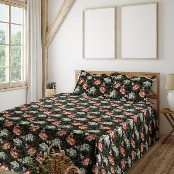 Ambesonne Floral Fitted & Flat Sheet with Sham 3 Pcs Set, Gothic Jungle Flowers Retro, Twin, Charcoal Grey Pale Rose