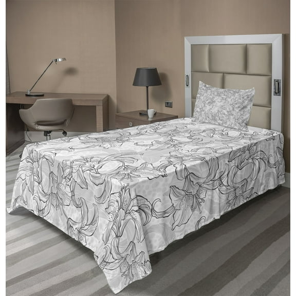 Ambesonne Floral Fitted & Top Sheet Set with Sham, Vintage Greyscale Flowers, Grey Pale Grey White