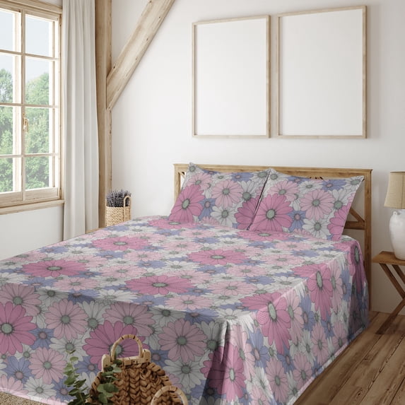 Ambesonne Floral Fitted & Flat Sheet with Shams 4 Pcs Set, Overlapped Chamomiles Art, King, Soft Pink and Lavender