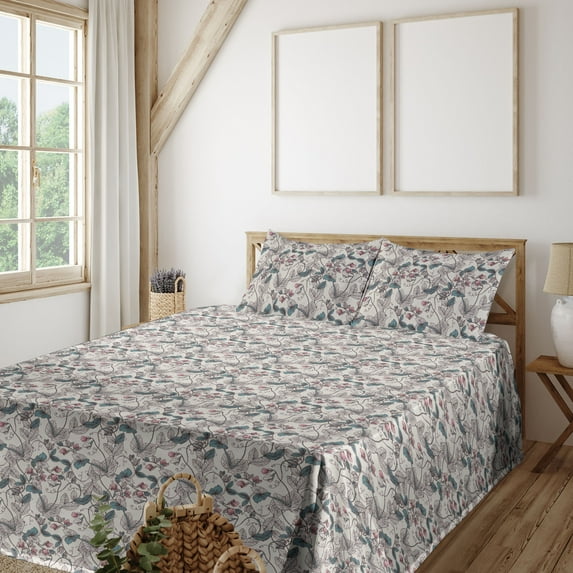 Ambesonne Floral Fitted & Flat Sheet with Shams 4 Pcs Set, Intertwined Flowers Vintage, Full, Cadet Blue Rose Eggshell