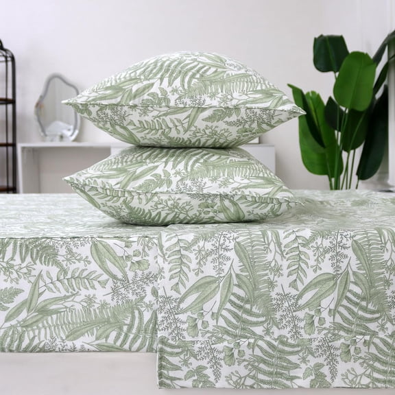 Floral Sheet Set King, 100% Cotton Green Tropical Leaves Pattern Bed Sheets Shabby Flower Printed Sheets with 17.5" Deep Pocket, 4Pcs Green Botanical Vintage Floral Sheet for King Bed