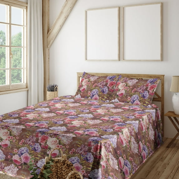 Floral Sheet Set, Lilac Rose and Magnolia Flower Blossoms on Rustic Grunge Backdrop, Fitted & Flat Sheet with Pillowcase Bedding Accent 4 Pcs Set, Queen, Cinnamon Pink and Violet, by Ambesonne