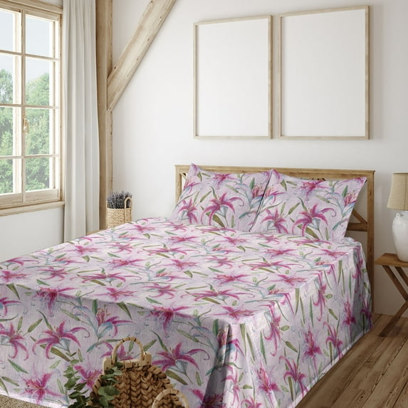 Ambesonne Floral Fitted & Flat Sheet with Shams 4 Pcs Set, Lily Flowers Vintage Grunge, Queen, Pink Green and Rose