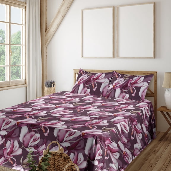 Ambesonne Floral Fitted & Flat Sheet with Sham 3 Pcs Set, Magnolia Flowers Watercolor, Twin XL, Plum Dark Magenta and Umber