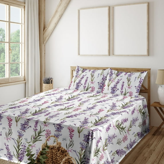 Ambesonne Floral Fitted & Flat Sheet with Shams 4 Pcs Set, Minimalist Spring Romance, Full, Violet Pink and Green
