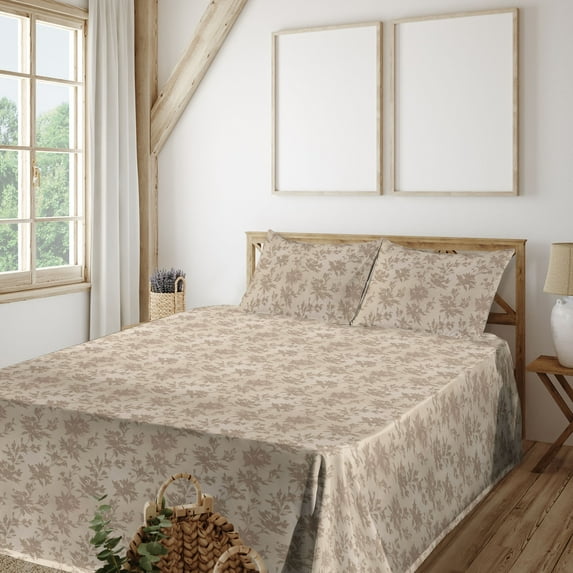 Ambesonne Floral Fitted & Flat Sheet with Shams 4 Pcs Set, Minimalist Botanical Blossom, Queen, Eggshell and Warm Taupe