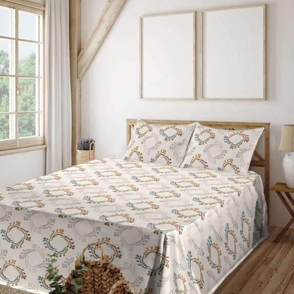 Ambesonne Floral Fitted & Flat Sheet with Shams 4 Pcs Set, Minimalist Bloom Silhouettes, King, Eggshell and Ceil Blue