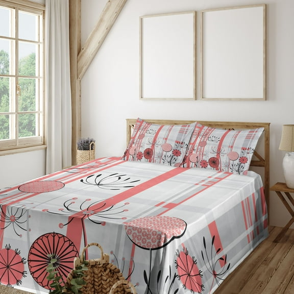 Ambesonne Floral Fitted & Top Sheet Set with Shams, Modern Abstract Botanical, Coral Charcoal Grey