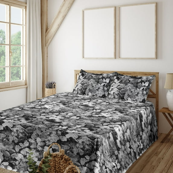 Ambesonne Floral Fitted & Flat Sheet with Shams 4 Pcs Set, Monochrome Garden Scene Art, King, Charcoal Grey and Pale Grey