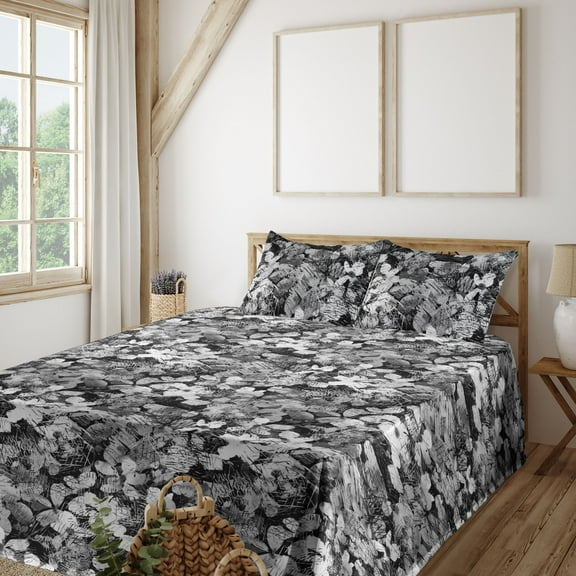Ambesonne Floral Fitted & Flat Sheet with Shams 4 Pcs Set, Monochrome Garden Scene Art, Queen, Charcoal Grey and Pale Grey