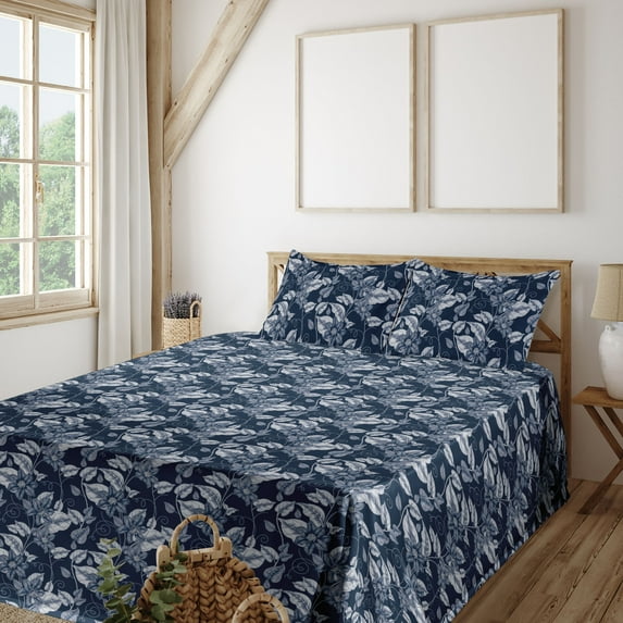 Ambesonne Floral Fitted & Flat Sheet with Shams 4 Pcs Set, Monochrome Art Flowers Leafy, Full, White Navy Blue