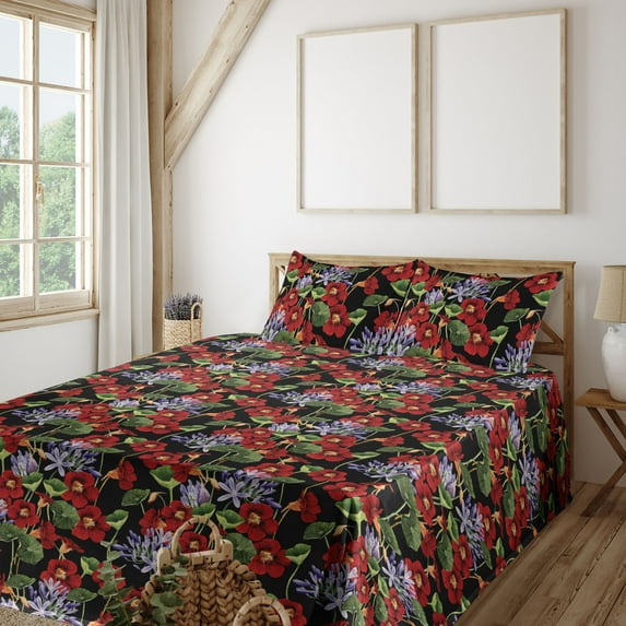 Ambesonne Floral Fitted & Flat Sheet with Shams 4 Pcs Set, Artwork of Flowers Jasmine, King, Vermilion Green and Lilac