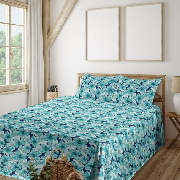 Ambesonne Floral Fitted & Flat Sheet with Shams 4 Pcs Set, Nature Aquatic Blossoms Art, King, Indigo and Turquoise