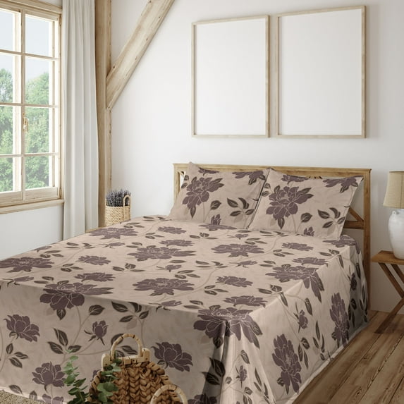 Ambesonne Floral Fitted & Flat Sheet with Shams 4 Pcs Set, Nature Rose Pattern Blooms, King, Dimgray and Camel