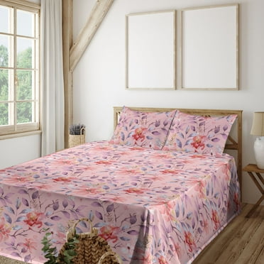 Floral Sheet Set, Nature Theme Garden Inspired Oil Painting Like Flower Pattern Art, Fitted & Flat Sheet with Pillowcase Bedding Accent 4 Pcs Set, King, Rose Mauve and Burnt Sienna, by Ambesonne