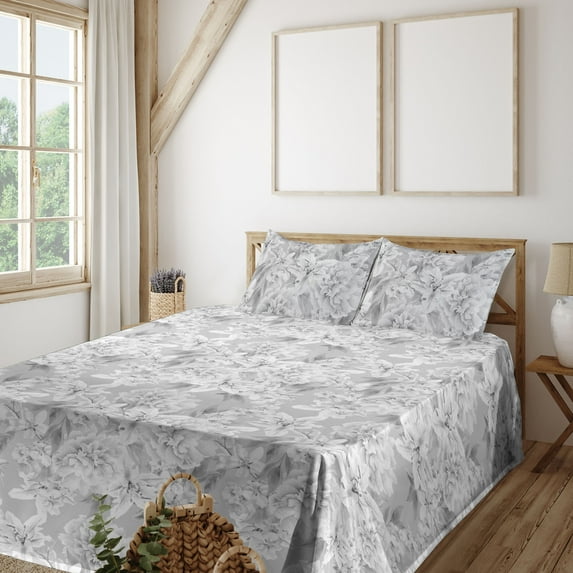 Ambesonne Floral Fitted & Flat Sheet with Shams 4 Pcs Set, Flowers Muted Tones Vintage, King, Pale Grey and White
