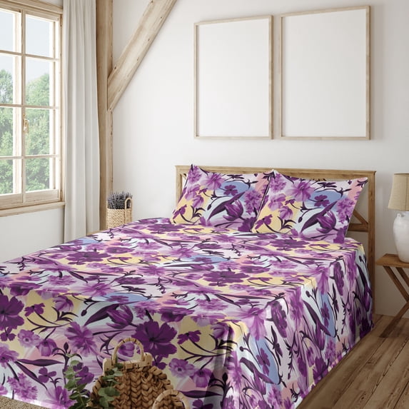 Ambesonne Floral Fitted & Flat Sheet with Shams 4 Pcs Set, Flowers Boho Vibes Pattern, Full, Purple Pale Lilac Mustard