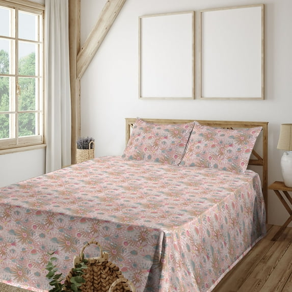 Ambesonne Floral Fitted & Flat Sheet with Shams 4 Pcs Set, Pastel Echinacea Flowers Art, Queen, Blush and Cadet Blue